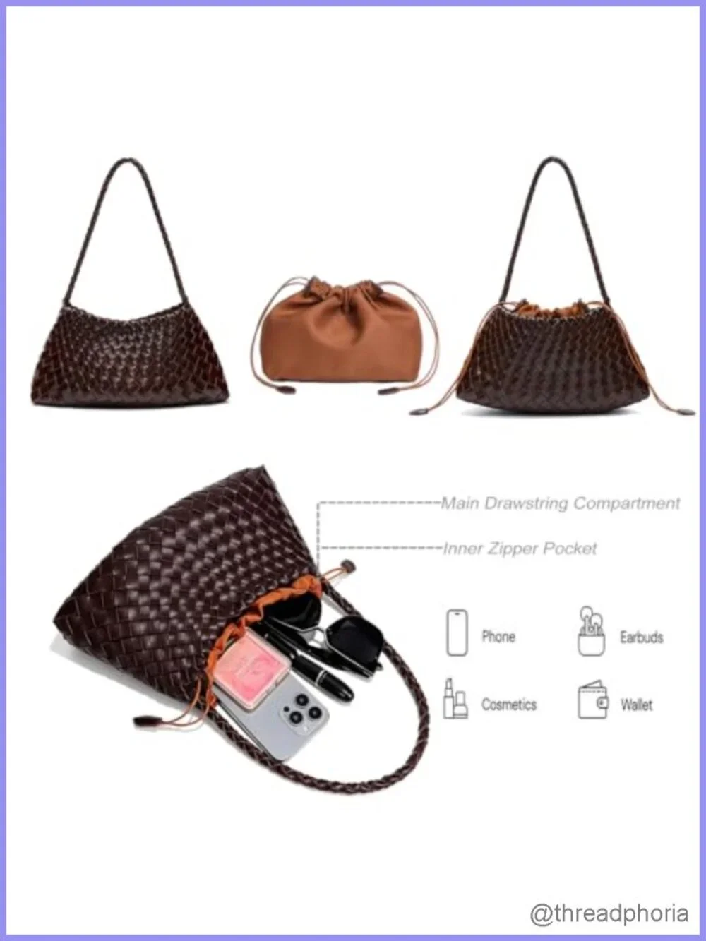Woven Faux Leather Slouchy Hobo Shoulder Bag with Detachable Pouch